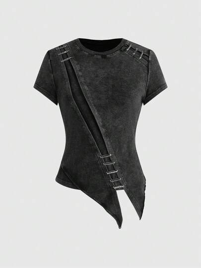 ROMWE Grunge Punk Camiseta ajustada de mujer con dobladillo asimétrico y decoración de clips de papel con estilo punk Y2K