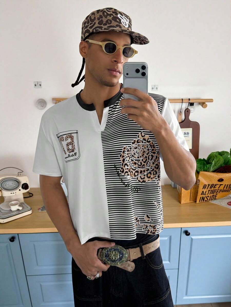 STEELVANCE Herren Lässig gestreiftes Patchwork Kurzarm T-Shirt, Sommer Rave Herren Sommer T-Shirt - Verschiedenfarbig - Übersicht 1