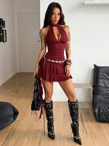 Coolane 女士冬季街头休闲嬉皮复古Y2K朋克铆钉棕色修身露背迷你连衣裙 - 玫瑰紅 - 查看 5