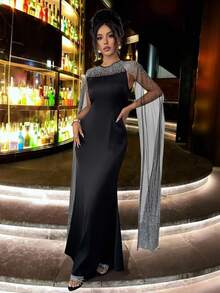 Elenzga Women's Elegant Luxurious Black Satin Long Sleeve Evening Dress,Autumn Sequin Strapless Waist Cinched Gowns,Formal Parties Galas & Dining Dress - Black - View 3