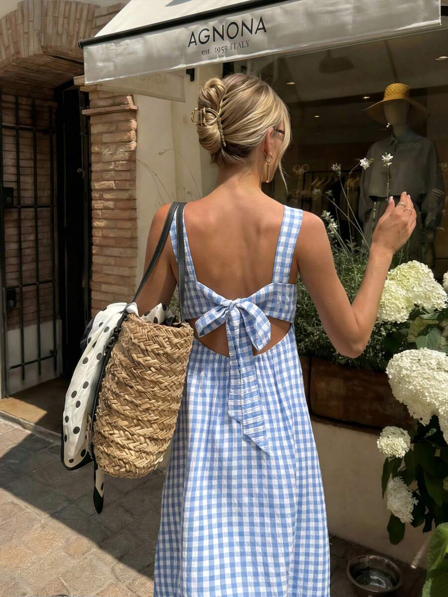 Pariaura Women's 2026 Blue & White Gingham Maxi Dress Square Neck Strappy Sleeveless Back Tie Cutout High Waist Flowy Hem Feminine Casual Vacation Summer Comfortable Dress - Multicolor - View 1