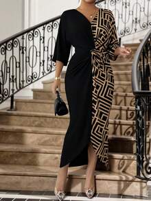 SHEIN Lady Đầm ôm dáng thanh lịch cổ chữ V in họa tiết hình học cỡ lớn - Nhiều màu - Xem 4