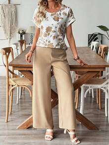 SHEIN LUNE Damen Lässig Blumen Muster Fledermausärmel Top und weite Hose Set, geeignet für Frühling, Sommer, Herbst - Verschiedenfarbig - Übersicht 3