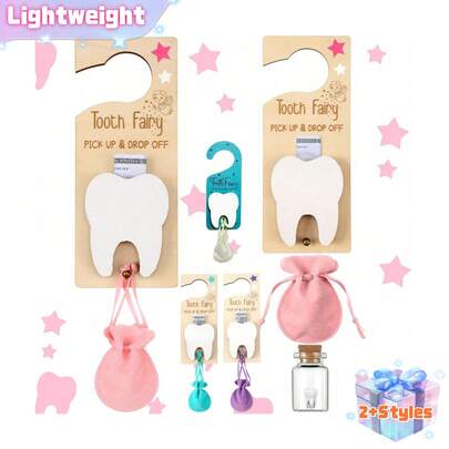 1件牙仙套装，牙仙牙齿收纳瓶，带绒布袋和钱袋，木质牙齿门挂，适合宝宝初乳脱落，牙仙礼物