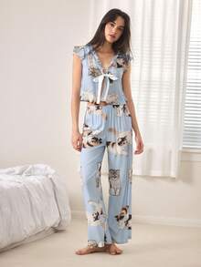 Ocili 2pcs Comfortable Soft Minimalist Drawstring Pants, Women Pajama Set - Blue - View 4