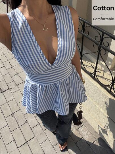 Siren Gaze Women's Blue & White Striped Deep V-Neck Camisole Sleeveless Blouse, Striped Blouse Suitable For Casual Daily Wear, Vacation, Beach, Striped Peplum Tank Top For Summer Casual Outings,Blue And White Striped Top, Blue Striped Top, Striped Peplum Top, Blue Striped Shirt, Brunch Outfit, Cotton