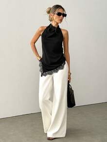 Ritzy Row Top halter de seda negra con delicado ribete de encaje, diseño de escote en V, elegante top de tirantes para damas, sexy y elegante para uso diario - Negro - Ver 7