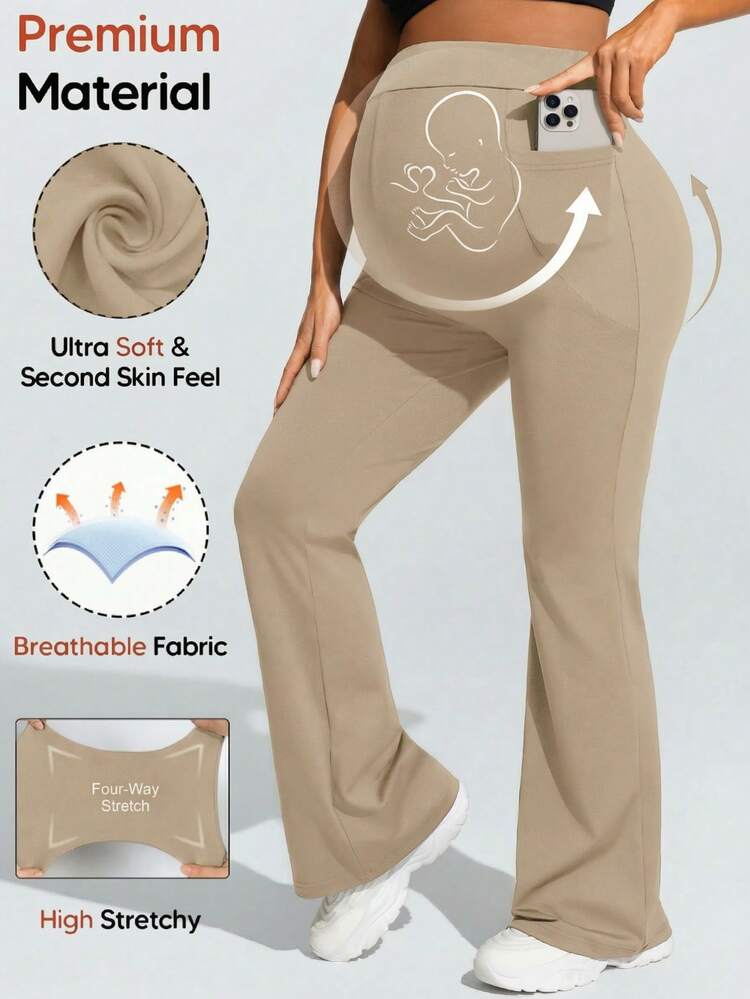 SHEIN 孕妇简约纯色手机口袋弹力透气喇叭裤 - 卡其色 - 查看 1