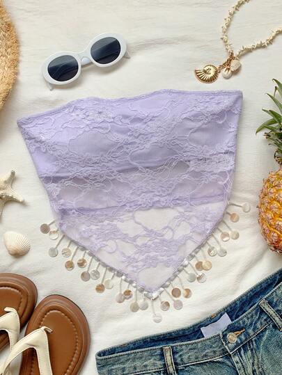 Comfortcana Women's Lace Trim Fringe Hem Tube Top For Summer Vacation Summer Tops Party  Tops Beach Outfits For Women Elegant Women's Blouses Vacation Outfits Women Y2K Tops Fringe Blouse For Women