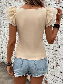 SHEIN Clasi Cap Sleeve Embroidered Floral Casual Elegant Vacation T-Shirt,Summer Top - Apricot - View 2