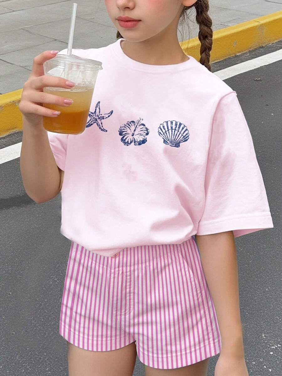 Light Pink, Fashionable Retro Beach Floral & Shell Print Tween Girl Casual Minimalist Short Sleeve Round Neck T-Shirt, Suitable For Spring/Summer Daily Wear - Multicolor - View 1