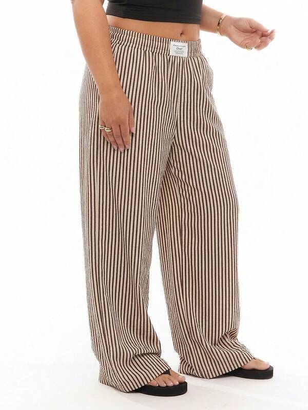 Solavibe 大码女式棕色条纹松紧腰宽松休闲裤