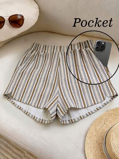 Franclia Women's Summer Striped Jacquard Elastic Waist Casual Shorts