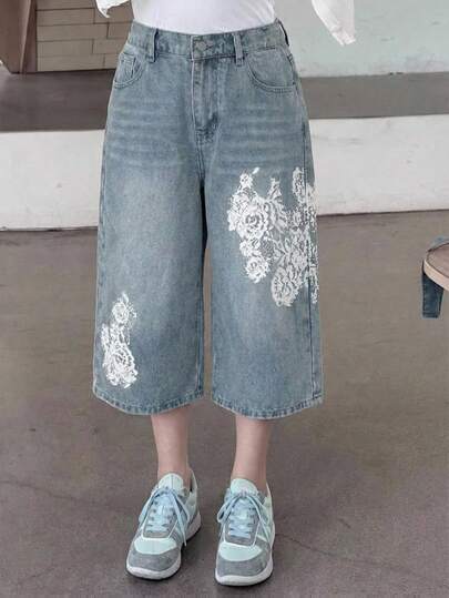 DAZY بنطلون جينز فضفاض بجيوب وأرجل واسعة مع نمط زهري من الدانتيل للفتيات المراهقات