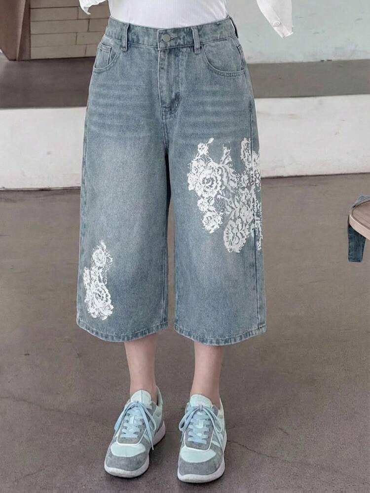 Tween Girls' Lace Floral Pattern Pocket Wide Leg Loose Casual Jeans