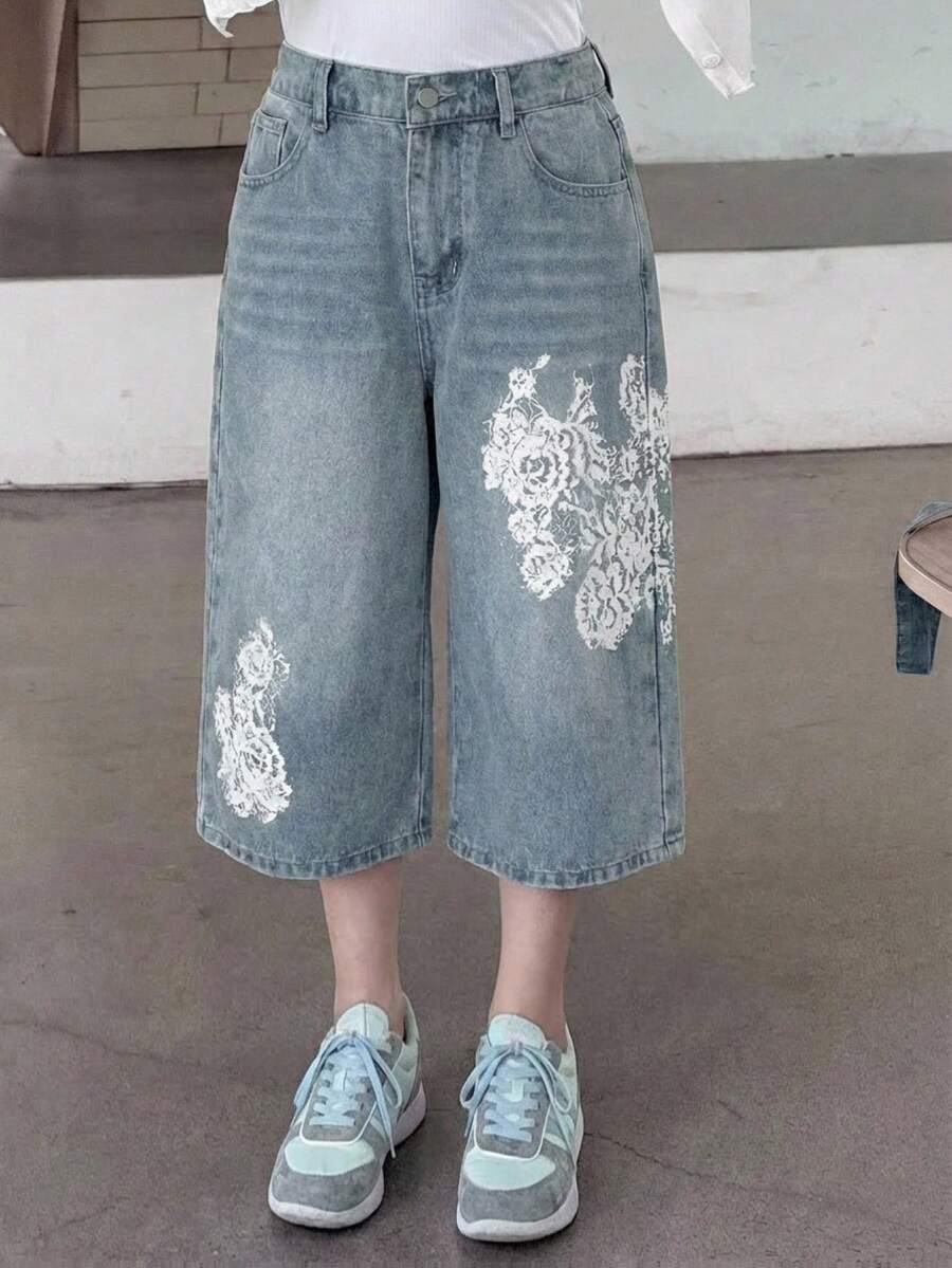 DAZY 少女蕾丝花卉图案口袋阔腿宽松休闲牛仔裤 - 藍色 - 查看 1