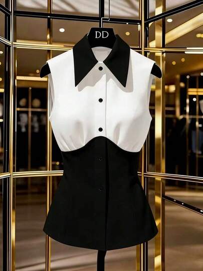 Franclia Women's Casual Patchwork Single-Breasted Versatile Daily Wear Top