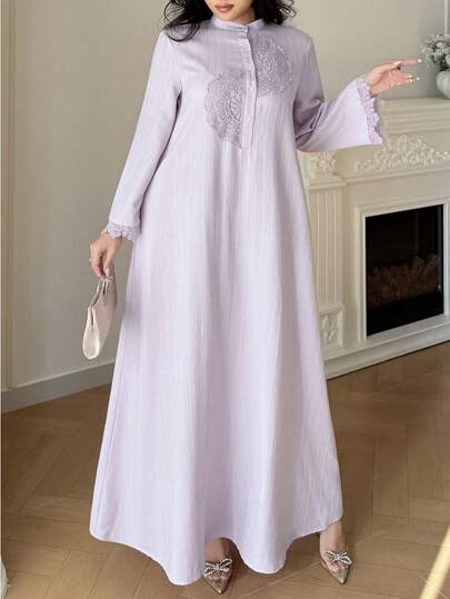 Al Najma 大码女式纯色常规肩部喇叭袖优雅阿拉伯风格连衣裙