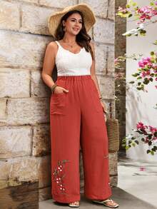 EMERY ROSE Plus Size Women's Woven Regular Spring/Summer Casual Comfortable Minimalist Embroidered Hem Side Button Rust Brown Wide Leg Pants - Rust Brown - View 6