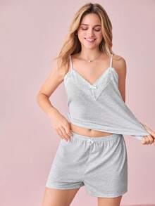 Bonmuse Lace Trimmed Camisole & Shorts Women's Pajama Set - Grey - View 8