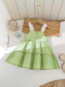 SHEIN 女宝宝可爱夏季度假绿色3D立体花朵吊带裙 - 綠色 - 查看 2