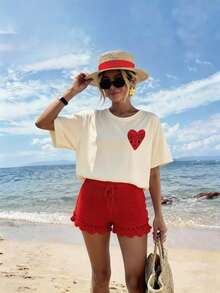 DrmWander Camiseta gráfica de talla grande, camiseta de manga corta estilo streetwear, top de verano lindo - Albaricoque - Ver 2