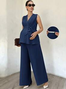 MaterniWear 孕妇纯色V领无袖休闲夏季两件套 - 藍色 - 查看 8