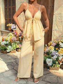 Lyckli Conjunto de 2 piezas de tirantes finos sin mangas a rayas con nudo delantero, de moda para el verano, para maternidad - Amarillo - Ver 4