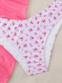 SHEIN Teen Girls 3 Pieces Pink Ditsy Floral Bikini Sets With Sarong Beach Cover-Up,Tie-Knot Bottoms & Skirt,Summer Holiday Bathing Suit Girl's Swimwear - Pink - View 4