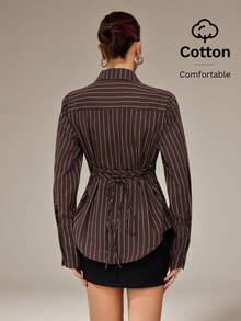 SHEIN Tall 女士优雅条纹纽扣收腰衬衫，女士办公室职业装衬衫 - 棕色 - 查看 2