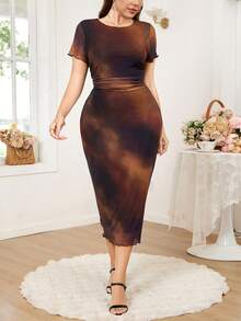 Ellevyn Plus Size Elegant Tie-Dye Print Fitted Dress, Summer - Multicolor - View 3