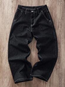 Manfinity Joysei 男士字母印花口袋宽松阔腿休闲牛仔裤 - 黑色 - 查看 2