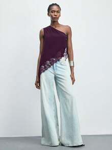 Maija 2026春夏初秋独立日七月女装不对称肩部设计现代都市女士夏季黑色纯色褶皱无袖休闲上衣 - 紫色 - 查看 3