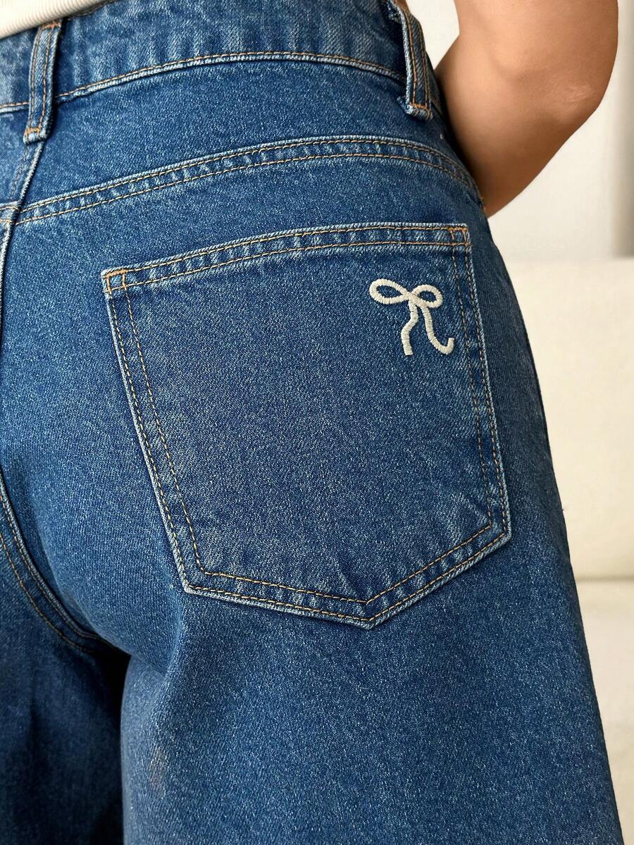 SHEIN Back Bow Detail Woman High Rise Casual Denim Short - Medium Wash - View 1