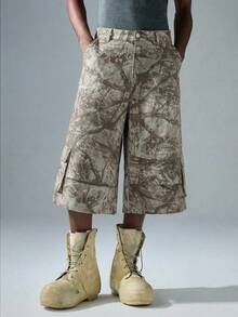 NEON BLANC Men's Branch Print Cargo Pocket Wide Leg Loose Pants - Rust Brown - View 1