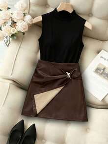 SHEIN Holidaya Fashionable New High Collar Sleeveless Slim Fit Tank Top + Shiny Leather Asymmetrical Hem High Waist Bodycon Skirt, Spring/Summer Two Pieces Set - Black - View 5