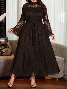 Modelyn Elegant Solid Color Lace Long Sleeve Cinched Waist A-Line Plus Size Dress, Suitable For Spring And Summer Fall - Coffee Brown - View 4