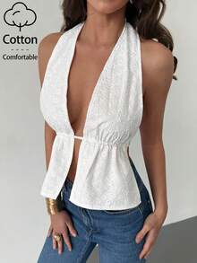 Aloruh Women's Casual Vacation Eyelet Embroidery Blouse, Beach, Vacation Top, Summer Top/Sexy Backless Strap Tank Top - White - View 3