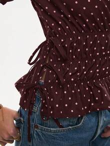 Poéselle 女士休闲束腰侧系带波点圆领短袖上衣，夏季 - 咖啡棕 - 查看 3