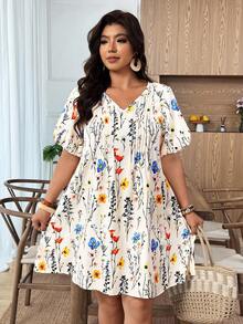 SHEIN LUNE Plus Size Women's Fashionable Spring/Summer French Romantic Retro Elegant Casual Commute Floral Print Dress - Apricot - View 3