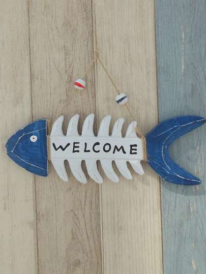 1件地中海鱼骨木质标牌墙饰欢迎语，适用于商店、家居、照片墙，乡村海滩风格手工悬挂牌匾