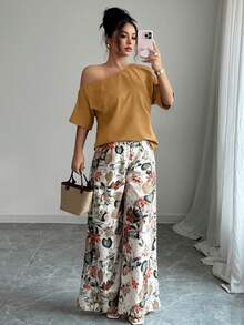 Selianne 2pcs Women Solid Color Asymmetrical Shoulder Top & Floral Print Pants Set - Brown - View 6