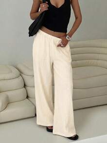 Siren Gaze 女士休闲直筒棉质长裤，春夏百搭 - 杏色 - 查看 5