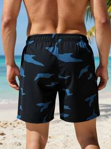 Manfinity Swimmode 男士迷彩印花抽绳腰带沙滩短裤 男士泳裤 迷彩男士泳裤 - 黑色 - 查看 2