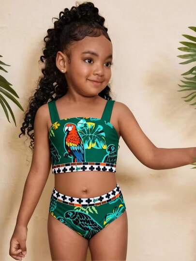 Vintage Print Girls (Small) Swimsuit Set, Vacation Style