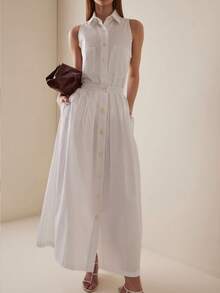 Dayvera Women's Casual Solid Color Single-Breasted Sleeveless Dress,Summer Dresses For Women,Summer Outfits ,Summer Holiday Outfits ,Valentine's Day ,Beach Outfit,Going Out Outfits ,Valentine's Day Dress,Party Dresses For Women,Elegant Party Dresses ,Beach Dress,Wedding Guest Dress For ,Elegant Dress For Women Women,Casual Dresses For Women,Casual Long Dresses ,White Dress - White - View 5