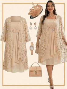 Ellevyn Bộ áo choàng và váy lưới đính sequin thanh lịch dành cho nữ cỡ lớn. - Màu be - Xem 10