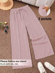 CosyJoli Quần ống rộng dáng suông kẻ sọc có túi, thắt eo, dành cho nữ cỡ lớn. - Bụi hồng - Xem 4