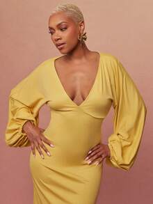 Vixey Đầm midi cổ chữ V tay phồng, gấu xếp ly - Màu vàng - Xem 3