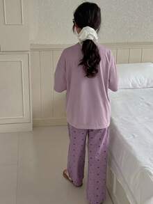 Dazy Kids 少女圆领印花短袖T恤+长裤家居服套装，春夏款 - 紫色 - 查看 2